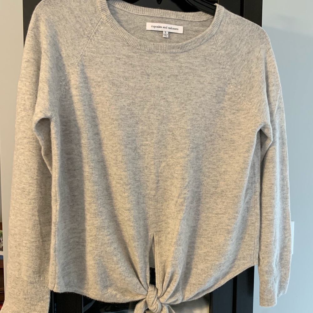 Gray cashmere tie-front sweater